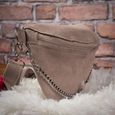 Elegancka Szara Torebka Nerka z Łańcuszkiem i Chwostem Skóra Zamszowa Taupe Telimene - 3
