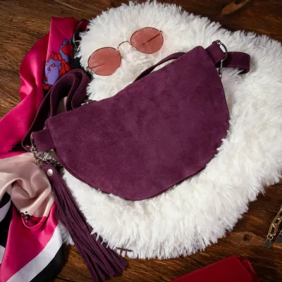 Elegancka Fioletowa Torebka Nerka z Łańcuszkiem i Chwostem Skóra Zamszowa Grape Telimene - 7