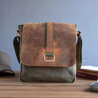Koniakowa Torebka Męska Vintage na Ramię Płótno i Skóra Belveder BV15C - 9