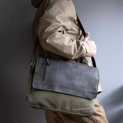 Brązowo Zielona Skóra i Płótno Torba Vintage Męska z Klapą Belveder BV17KNZ - 1