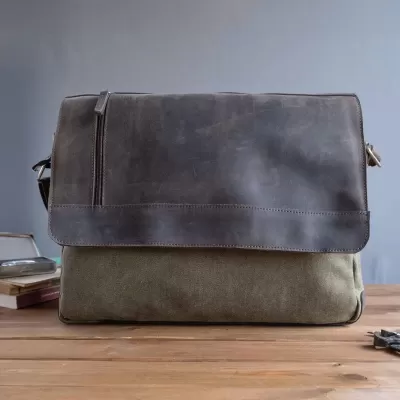 Brązowo Zielona Skóra i Płótno Torba Vintage Męska z Klapą Belveder BV17KNZ - 3
