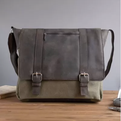 Brązowo Zielona Duża Torba Studencka Vintage Skórzano Płócienna Belveder BC61BRZ - 3