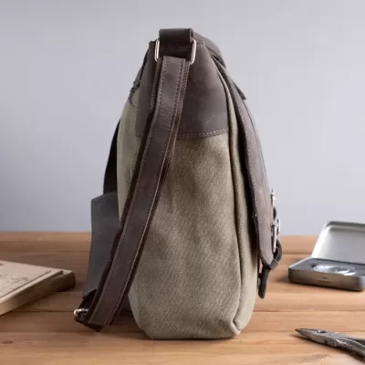 Brązowo Zielona Duża Torba Studencka Vintage Skórzano Płócienna Belveder BC61BRZ - 6