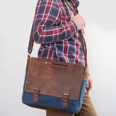 Koniakowa skóra i granatowe Półtno Torba Studencka Vintage Duża Belveder BC61KNN - 2