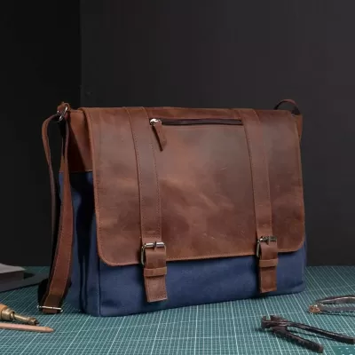 Koniakowa skóra i granatowe Półtno Torba Studencka Vintage Duża Belveder BC61KNN - 5