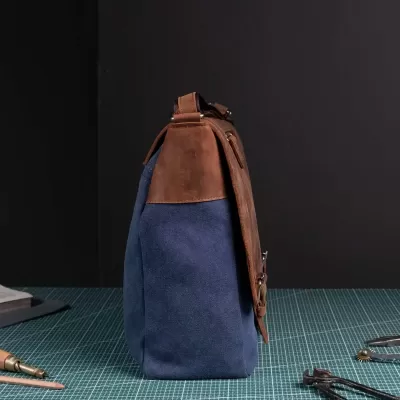 Koniakowa skóra i granatowe Półtno Torba Studencka Vintage Duża Belveder BC61KNN - 6