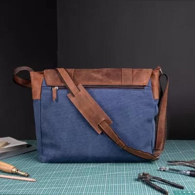 Koniakowa skóra i granatowe Półtno Torba Studencka Vintage Duża Belveder BC61KNN - 7