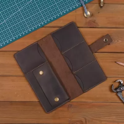 Ciemnobrązowy Duży Cienki Portfel Vintage na smartphone Skórzany Buffalo G1109 - 3