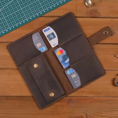 Ciemnobrązowy Duży Cienki Portfel Vintage na smartphone Skórzany Buffalo G1109 - 1