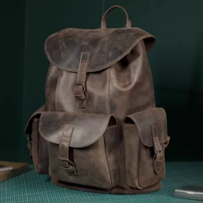 Ciemnobrązowy Duży Plecak Skórzany Vintage z Kieszeniami Outlander BT33 - 4