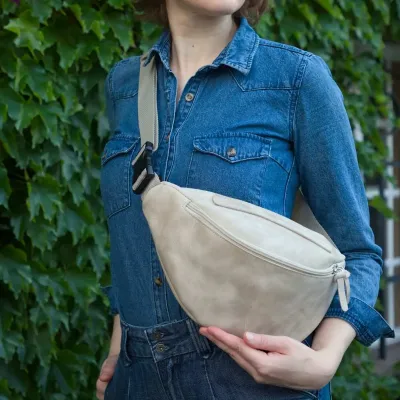 Duża Jasno Beżowa Torebka Nerka Damska Skórzana Vintage NX19 - 10