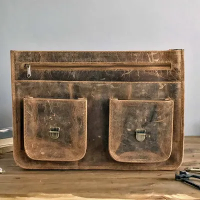 Brązowa Torba do Pracy Męska duża z kieszeniami Skóra Buffalo Vintage MB44 - 7