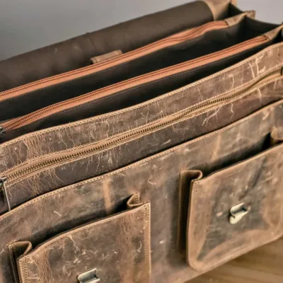 Brązowa Torba do Pracy Męska duża z kieszeniami Skóra Buffalo Vintage MB44 - 8