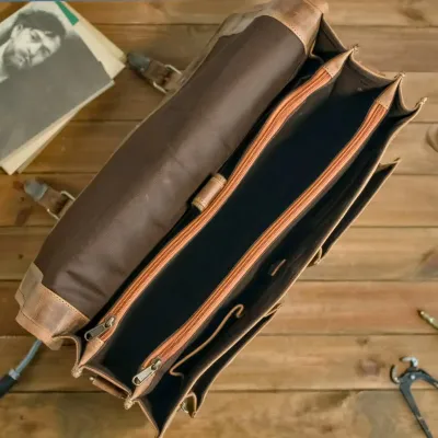 Brązowa Torba do Pracy Męska duża z kieszeniami Skóra Buffalo Vintage MB44 - 9