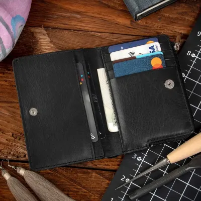 Mały czarny cienki Portfel damski slim wallet Skóra miękka Cielęca 1390 - 1