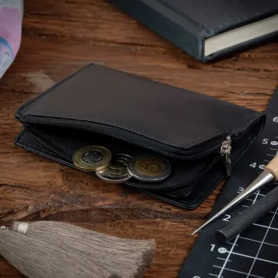 Mały czarny cienki Portfel damski slim wallet Skóra miękka Cielęca 1390 - 7
