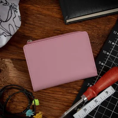 Mały pastelowy różowy cienki Portfel damski Skórzany Slim Wallet 1390 - 4