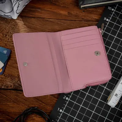 Mały pastelowy różowy cienki Portfel damski Skórzany Slim Wallet 1390 - 6