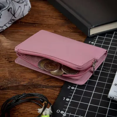 Mały pastelowy różowy cienki Portfel damski Skórzany Slim Wallet 1390 - 7