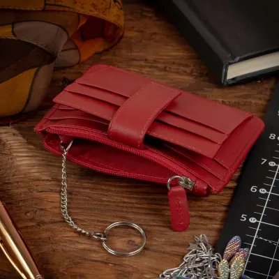 Małe czerwone Etui damskie na Karty dokumenty z Łańcuszkiem skórzane 2165 - 6