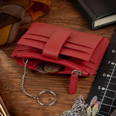 Małe czerwone Etui damskie na Karty dokumenty z Łańcuszkiem skórzane 2165 - 5