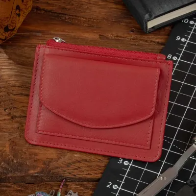 Małe czerwone Etui damskie na Karty dokumenty z Łańcuszkiem skórzane 2165 - 9