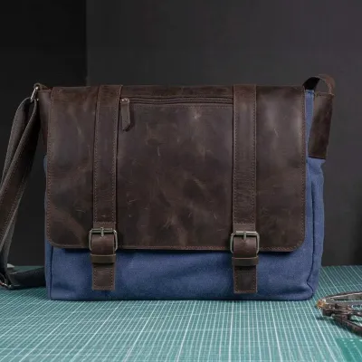 Torba Studencka Vintage Duża Brązowa skóra i granatowe Płótno Belveder BC61BRN - 1