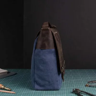 Torba Studencka Vintage Duża Brązowa skóra i granatowe Płótno Belveder BC61BRN - 6