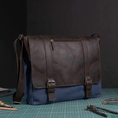 Torba Studencka Vintage Duża Brązowa skóra i granatowe Płótno Belveder BC61BRN - 4