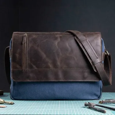 Torba Vintage Męska z Klapą Koniakowa Skóra i Płótno Granatowe Belveder BV17BRN - 3