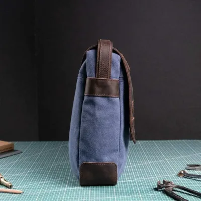 Torba Vintage Męska z Klapą Koniakowa Skóra i Płótno Granatowe Belveder BV17BRN - 8