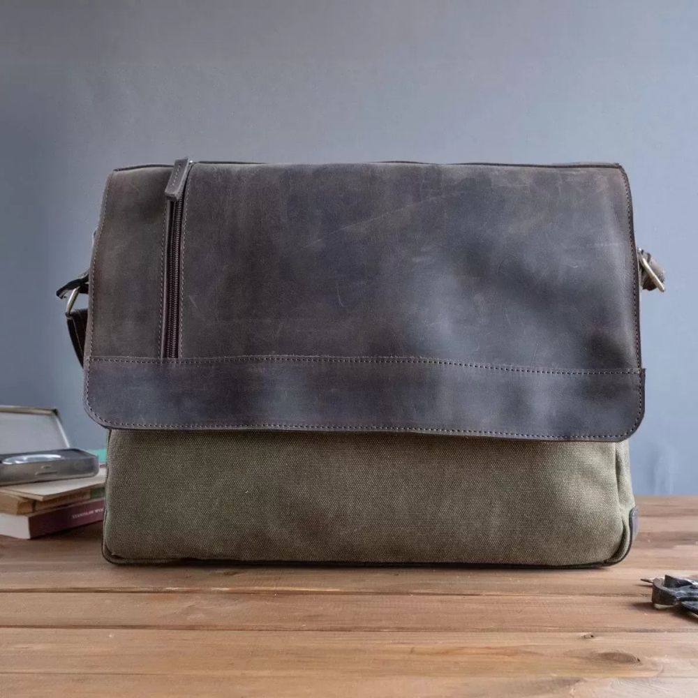 brazowo zielona skora i plotno torba vintage meska z klapa belveder bv17brz